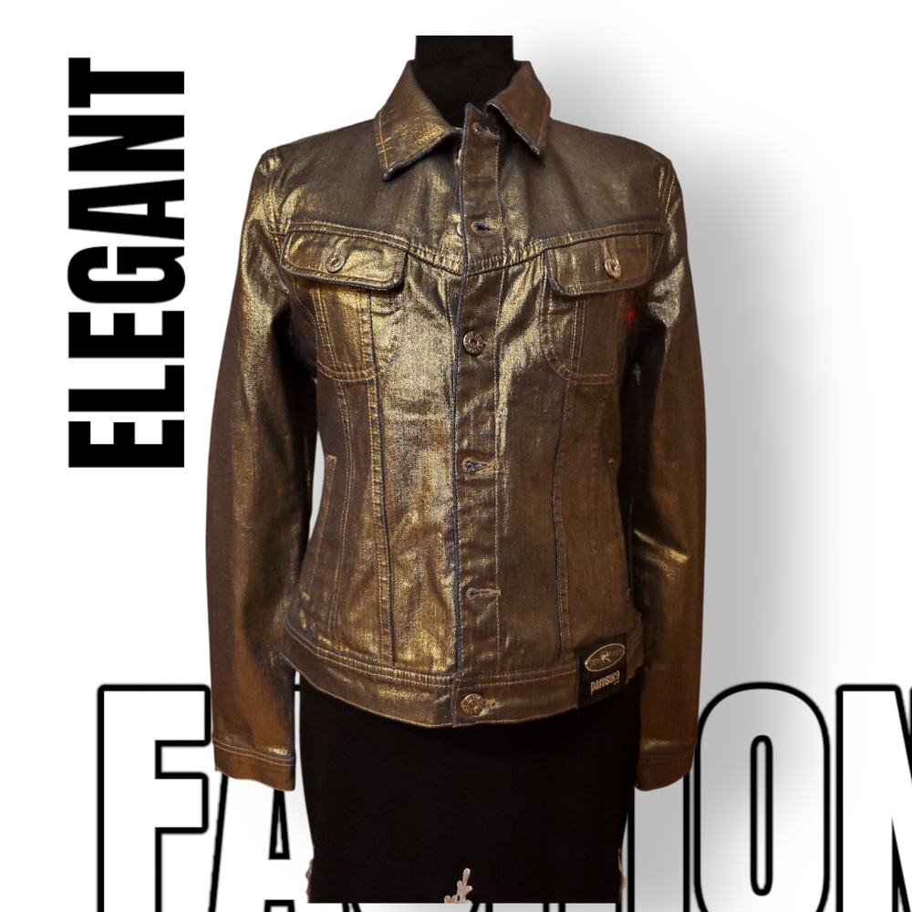 PARASUCO Gold Shimmer Denim Jean Jacket Metallic Finish Size Large - Picture 2 of 15